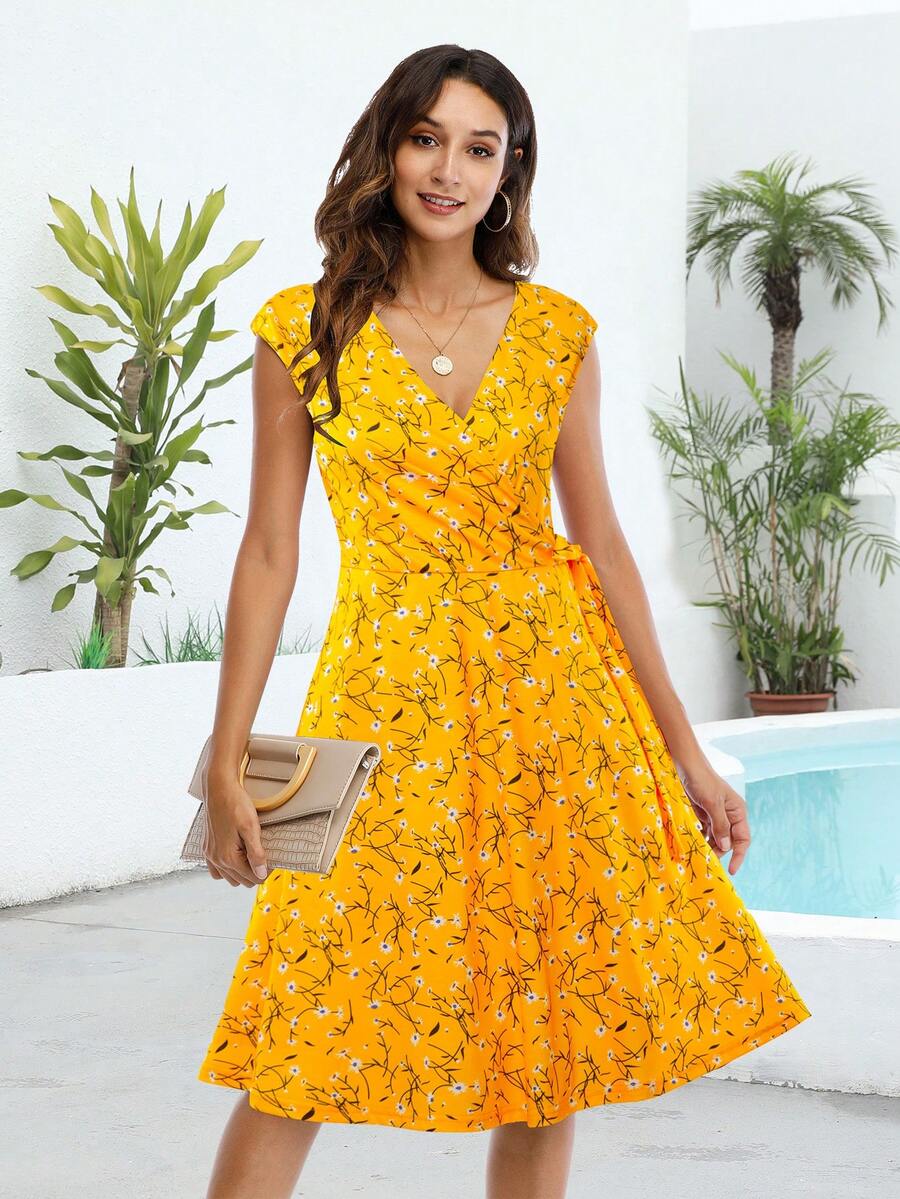 Mùa Hè Thường Quấn Đầm Đầm Chữ A Đơn Giản Họa Tiết Vải Xếp Bỏ Túi Nón Tay Đầu Gối Chiều Dài Đầm Màu Vàng - Nhiều màu - Xem 1