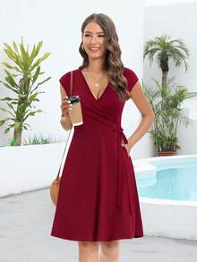 Mùa Hè Thường Quấn Đầm Đầm Chữ A Nón Tay Màu Burgundy Đơn Giản Cổ V Vải Xếp Túi Dài Tới Đầu Gối Đầm - Màu Đỏ Sâu - Xem 3