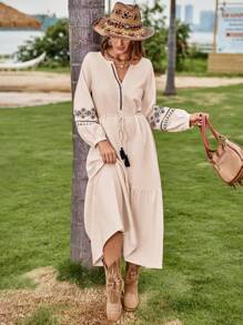 SHEIN VCAY Floral Embroidery Ruffle Hem Belted Dress - Beige - View 5