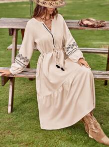 SHEIN VCAY Floral Embroidery Ruffle Hem Belted Dress - Beige - View 6