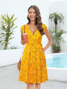 Mùa Hè Thường Quấn Đầm Đầm Chữ A Đơn Giản Họa Tiết Vải Xếp Bỏ Túi Nón Tay Đầu Gối Chiều Dài Đầm Màu Vàng - Nhiều màu - Xem 3