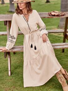 SHEIN VCAY Floral Embroidery Ruffle Hem Belted Dress - Beige - View 1