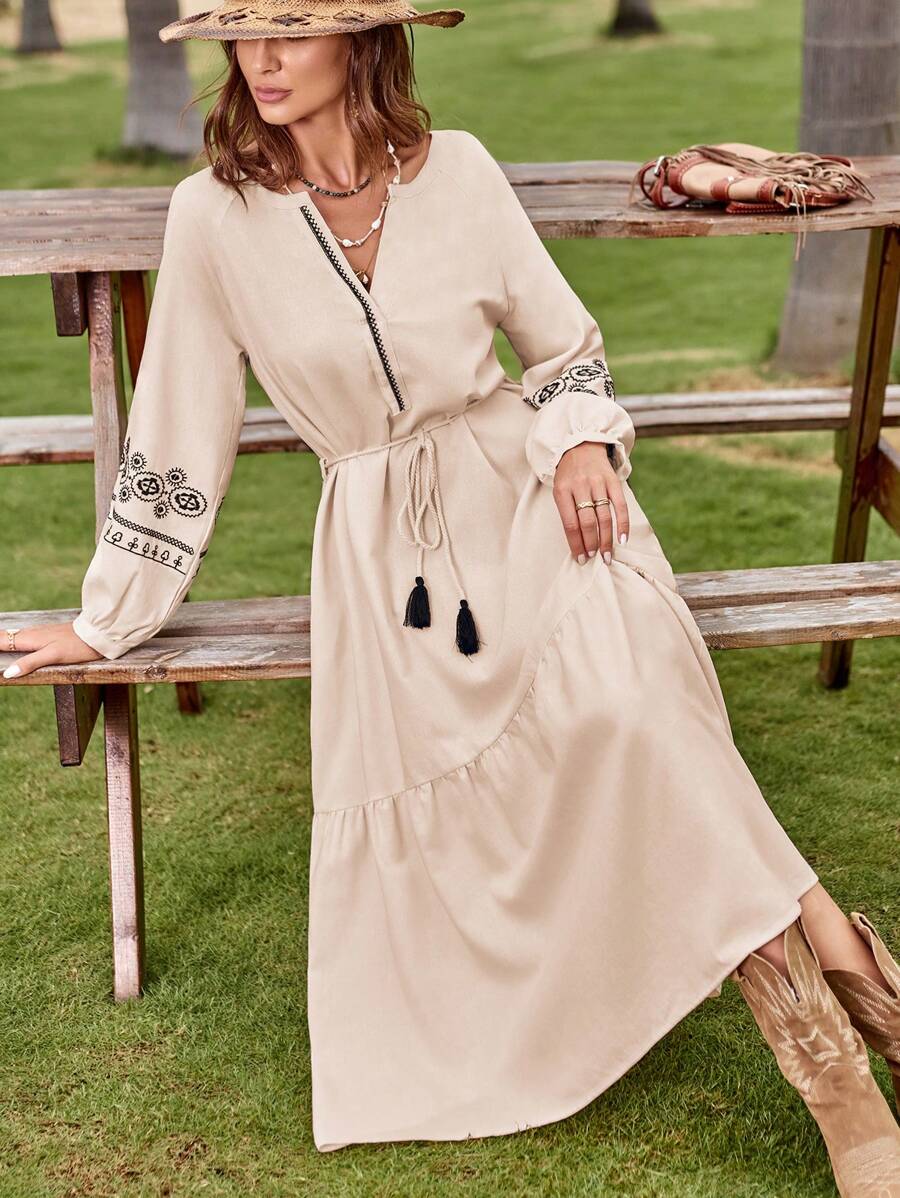 SHEIN VCAY Floral Embroidery Ruffle Hem Belted Dress - Beige - View 1