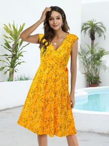 Mùa Hè Thường Quấn Đầm Đầm Chữ A Đơn Giản Họa Tiết Vải Xếp Bỏ Túi Nón Tay Đầu Gối Chiều Dài Đầm Màu Vàng - Nhiều màu - Xem 4