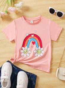 Toddler Girls Rainbow & Floral Print Tee - Coral Pink - View 1