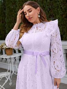 Plus Ruffle Trim Lace Overlay Belted Dress - Purple - View 3