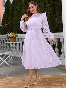 Plus Ruffle Trim Lace Overlay Belted Dress - Purple - View 4