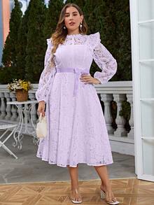 Plus Ruffle Trim Lace Overlay Belted Dress - Purple - View 5