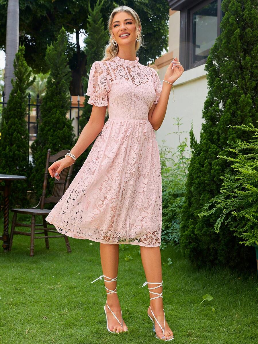 Simplee Puff Sleeve Lace Overlay Dress - Pink - View 1