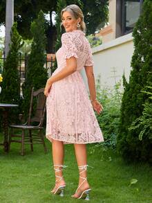 Simplee Puff Sleeve Lace Overlay Dress - Pink - View 2