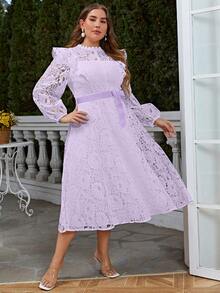 Plus Ruffle Trim Lace Overlay Belted Dress - Purple - View 6
