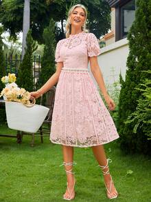 Simplee Puff Sleeve Lace Overlay Dress - Pink - View 3