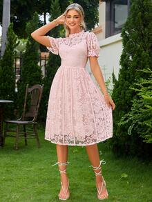 Simplee Puff Sleeve Lace Overlay Dress - Pink - View 4