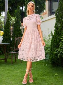 Simplee Puff Sleeve Lace Overlay Dress - Pink - View 5