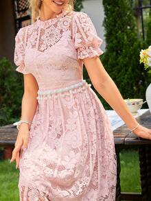 Simplee Puff Sleeve Lace Overlay Dress - Pink - View 6
