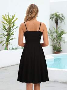 細肩帶休閒A字型沙灘夏日背心裙帶口袋褶皺鞦韆無袖背心裙黑色 - 黑色 - 查看 2