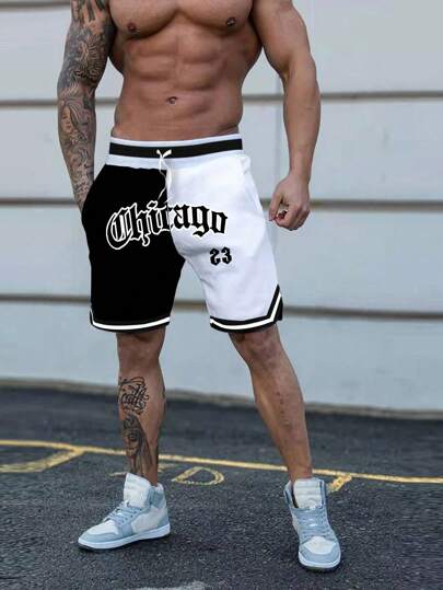 Guys Letter Graphic Two Tone Striped Trim Drawstring Waist Shorts