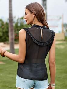 SHEIN VCAY 花卉刺繡荷葉邊透視網紗上衣不附文胸 - 黑色 - 查看 2