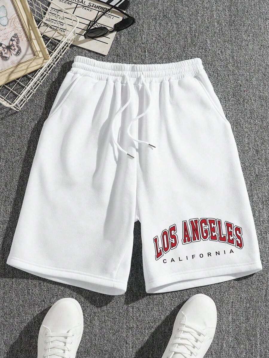 男士字母圖案腰部抽繩短褲 - 白色 - 查看 1