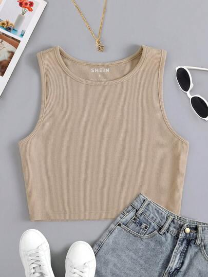INAWLY Solid Ribbed Knit Tank Top