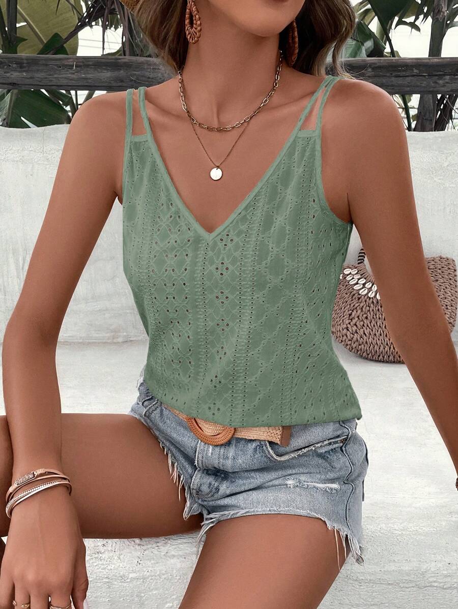 SHEIN VCAY 素色網眼刺繡吊帶上衣 - 綠色 - 查看 1