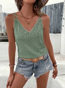 SHEIN VCAY 素色網眼刺繡吊帶上衣 - 綠色 - 查看 4