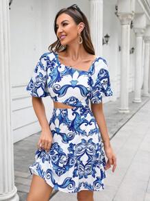 SHEIN VCAY 圖案印花不對稱領腰部鏤空連衣裙