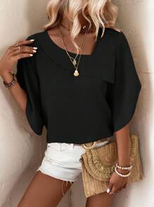 SHEIN LUNE 素色不對稱領開衩袖襯衫 - 黑色 - 查看 1
