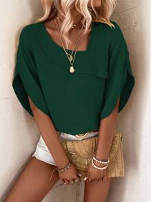 SHEIN LUNE Blusa unicolor de cuello asimétrico - Verde Oscuro - Ver 4