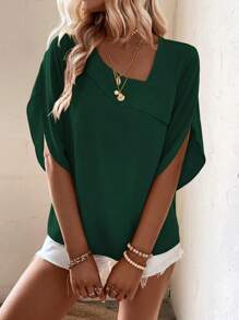 SHEIN LUNE Blusa unicolor de cuello asimétrico - Verde Oscuro - Ver 5