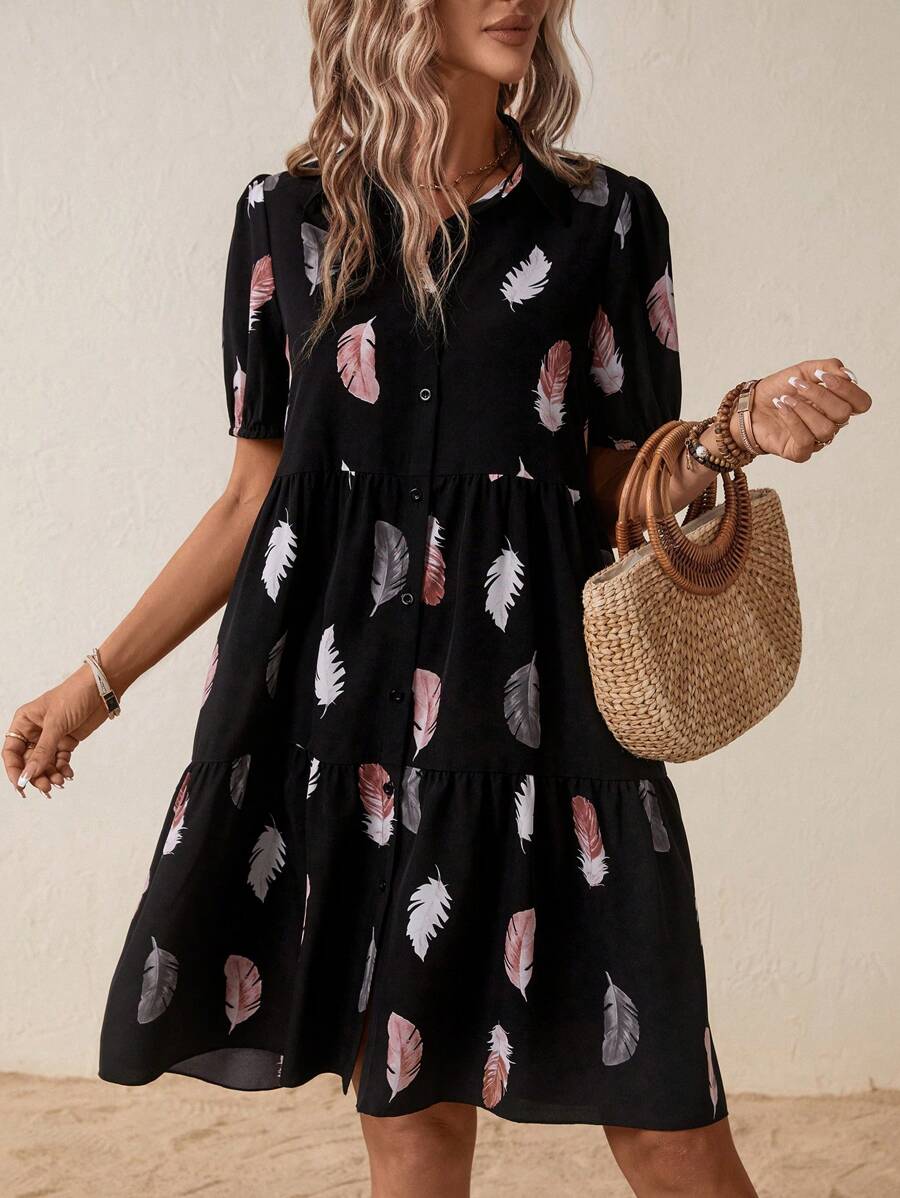 Breezaya Feather Print Ruffle Hem Smock Dress Vacation Beach Outfits Women - Black - View 1