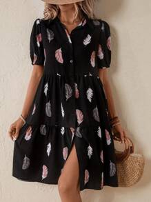 Breezaya Feather Print Ruffle Hem Smock Dress Vacation Beach Outfits Women - Black - View 4