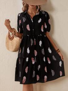 Breezaya Feather Print Ruffle Hem Smock Dress Vacation Beach Outfits Women - Black - View 6