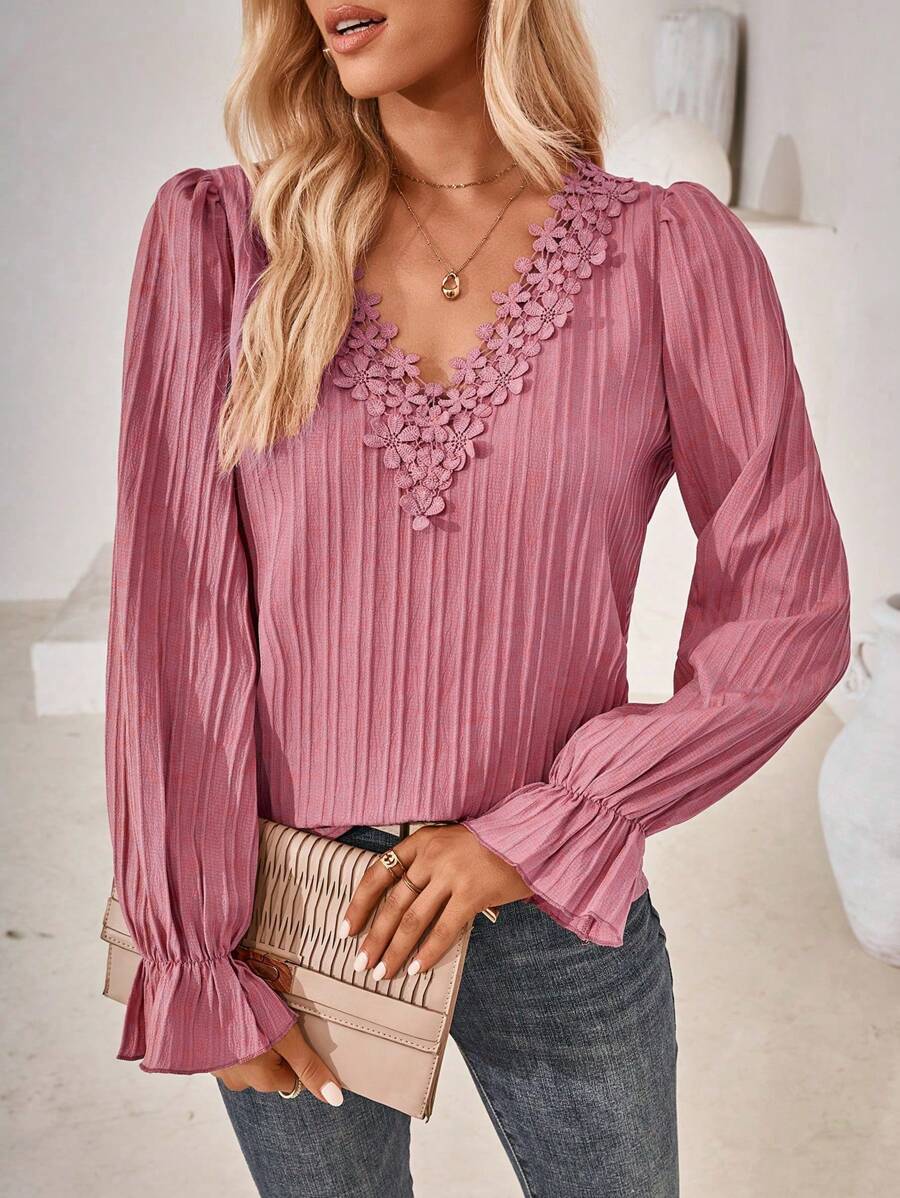 SHEIN LUNE Áo sơ mi nữ Tương phản ren Xù màu trơn Giải trí - Màu Hồng Dưa hấu - Xem 1