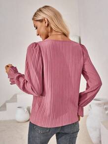 SHEIN LUNE Áo sơ mi nữ Tương phản ren Xù màu trơn Giải trí - Màu Hồng  Dưa hấu - Xem 2