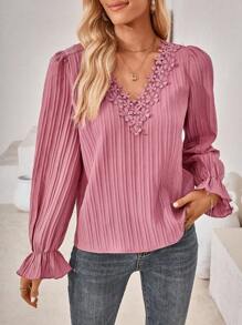 SHEIN LUNE Áo sơ mi nữ Tương phản ren Xù màu trơn Giải trí - Màu Hồng  Dưa hấu - Xem 4