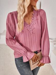 SHEIN LUNE Áo sơ mi nữ Tương phản ren Xù màu trơn Giải trí - Màu Hồng  Dưa hấu - Xem 6