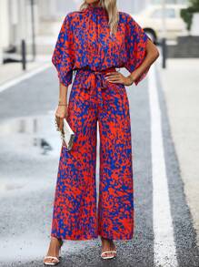 SHEIN Clasi 滿版印花蝙蝠袖腰帶連身褲 - 彩色 - 查看 4