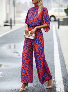 SHEIN Clasi 滿版印花蝙蝠袖腰帶連身褲 - 彩色 - 查看 5