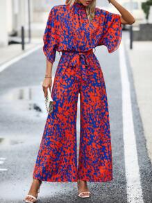 SHEIN Clasi 滿版印花蝙蝠袖腰帶連身褲 - 彩色 - 查看 6