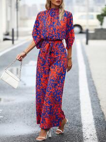 SHEIN Clasi 滿版印花蝙蝠袖腰帶連身褲 - 彩色 - 查看 7