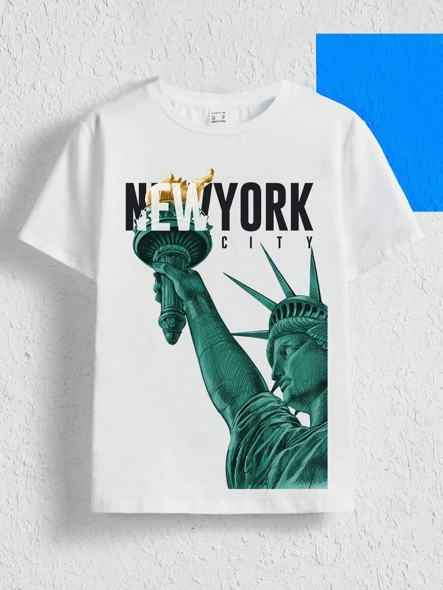 SHEIN Boys Statue Of Liberty & Letter Graphic Tee - White - View 1
