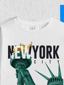 SHEIN Boys Statue Of Liberty & Letter Graphic Tee - White - View 3