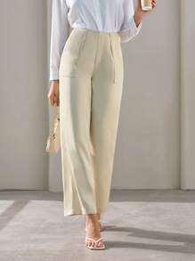 SHEIN BIZwear 素色斜口袋直筒褲 - 卡其色 - 查看 1
