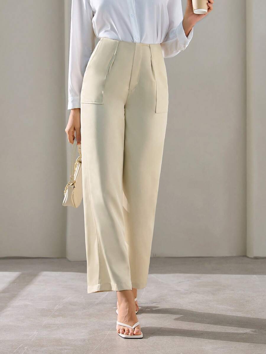 SHEIN BIZwear 素色斜口袋直筒褲 - 卡其色 - 查看 1