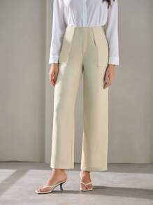 SHEIN BIZwear 素色斜口袋直筒褲 - 卡其色 - 查看 4