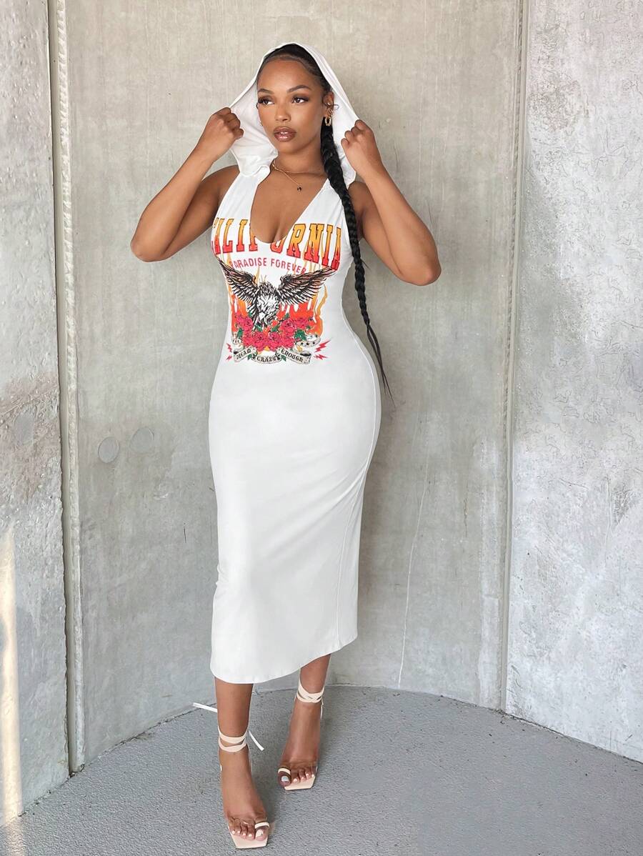 SHEIN SXY 字母圖案連帽後背開衩連衣裙 - 白色 - 查看 1