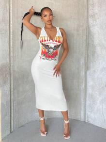 SHEIN SXY 字母圖案連帽後背開衩連衣裙 - 白色 - 查看 5