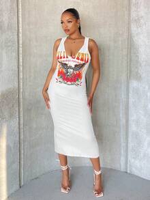 SHEIN SXY 字母圖案連帽後背開衩連衣裙 - 白色 - 查看 6