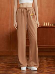 HARRY POTTER X SHEIN 字母圖案腰部抽繩衛褲 - 杏色 - 查看 2